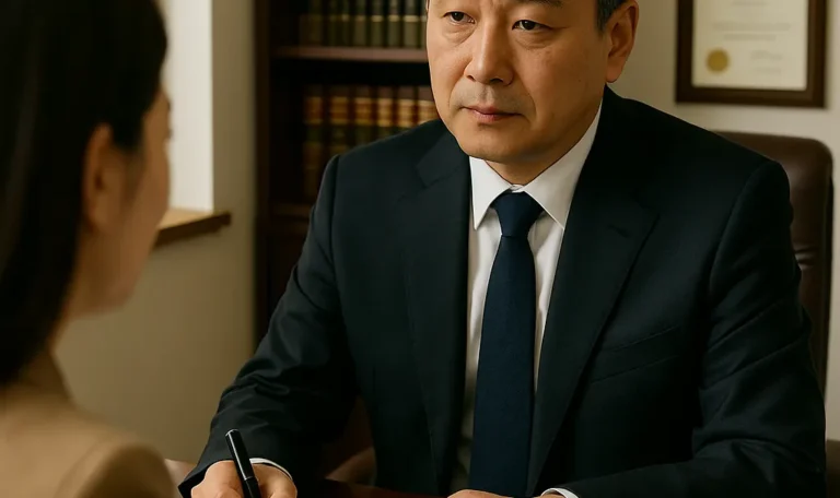 이혼 전문 변호사가 여성 의뢰인과 상담을 진행하며 재산분할과 양육권 문제를 논의하는 장면