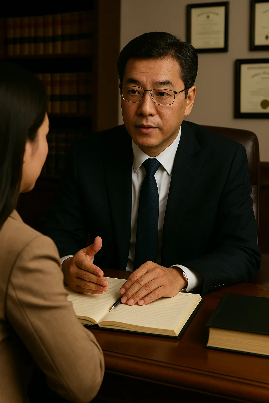 보이스피싱 피해를 상담 중인 중년 남성 변호사와 여성 의뢰인, 법률 자문과 피해 회복 방안을 논의하는 장면